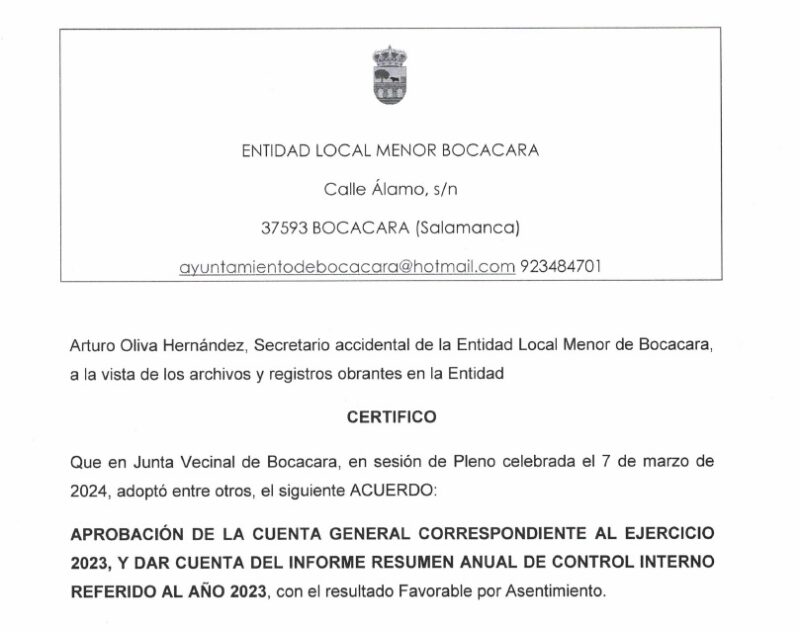 Anuncio: Aprobación Cuenta General 2023.