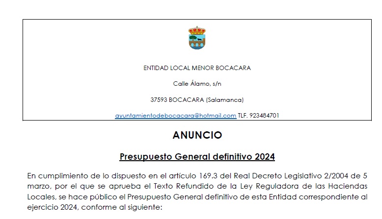 ANUNCIO: Presupuesto General definitivo 2024