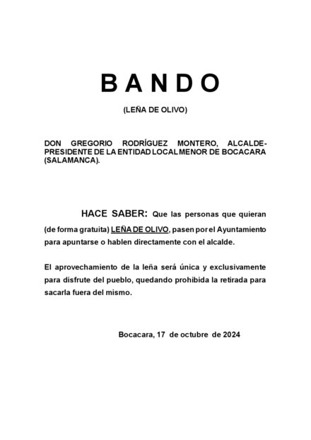 BANDO: Leña de Olivo – 17 octubre 2024