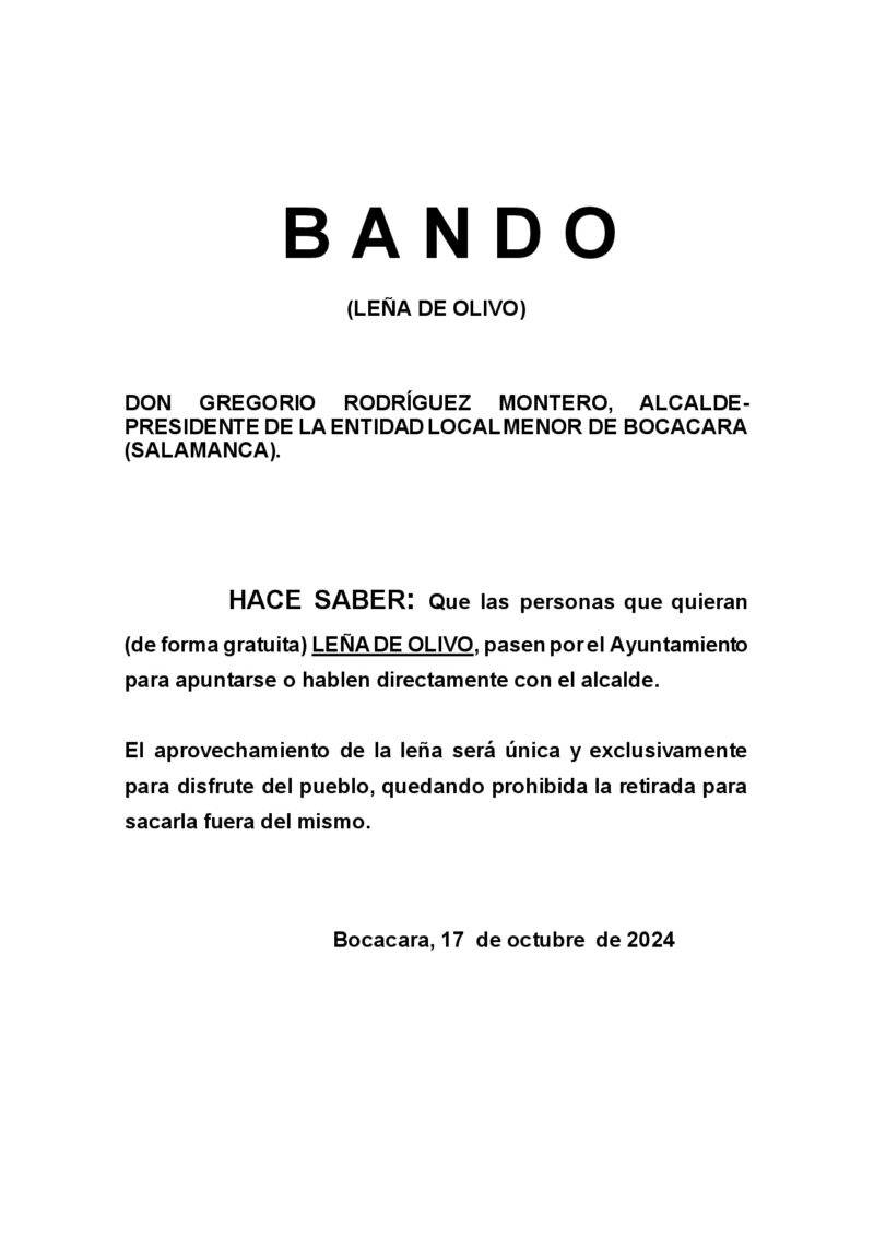 BANDO: Leña de Olivo – 17 octubre 2024