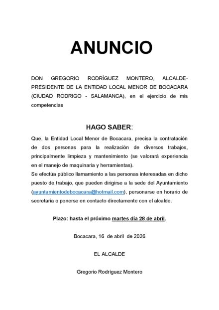 ANUNCIO: Contratación personal de oficios varios