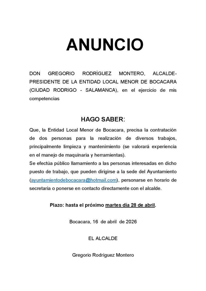 ANUNCIO: Contratación personal de oficios varios