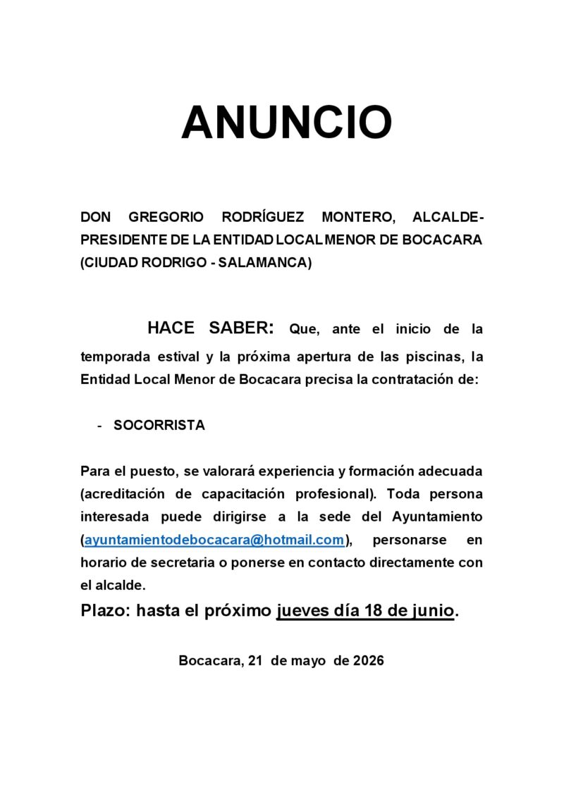 ANUNCIO: Contratación de SOCORRISTA