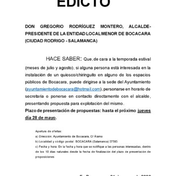 EDICTO: instalación de un quiosco/chiringuito – 21 de mayo 2026