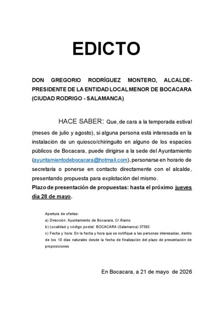 EDICTO: instalación de un quiosco/chiringuito – 21 de mayo 2026