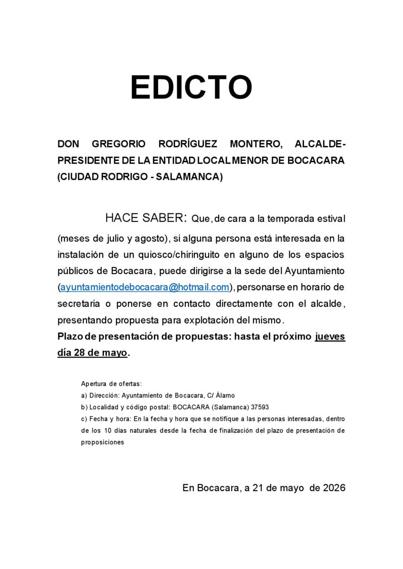 EDICTO: instalación de un quiosco/chiringuito – 21 de mayo 2026